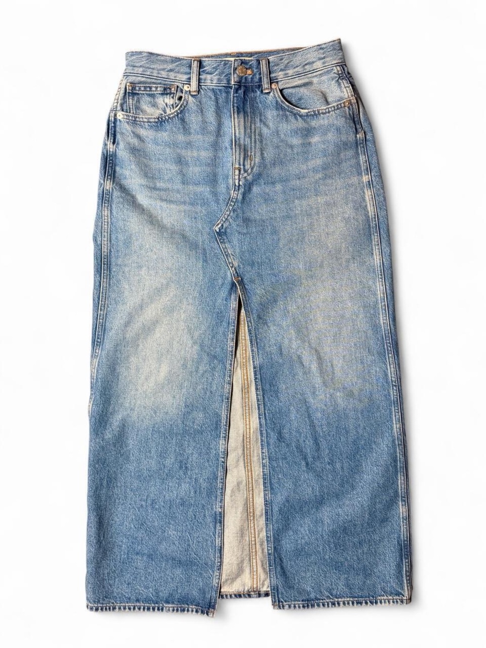 Madewell Denim Maxi Skirt Size 24 High Rise Front Slit 100% Cotton Blue